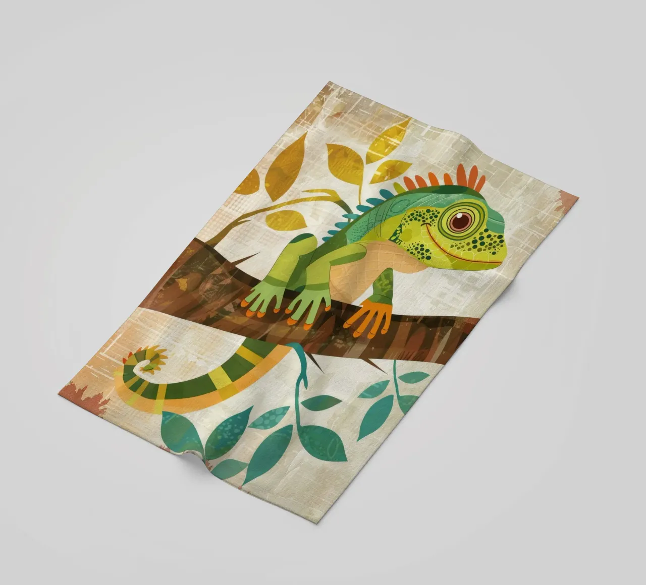 Lizard resting on a branch surrounded by leaves in a stylize beach towel by DesignDoodle