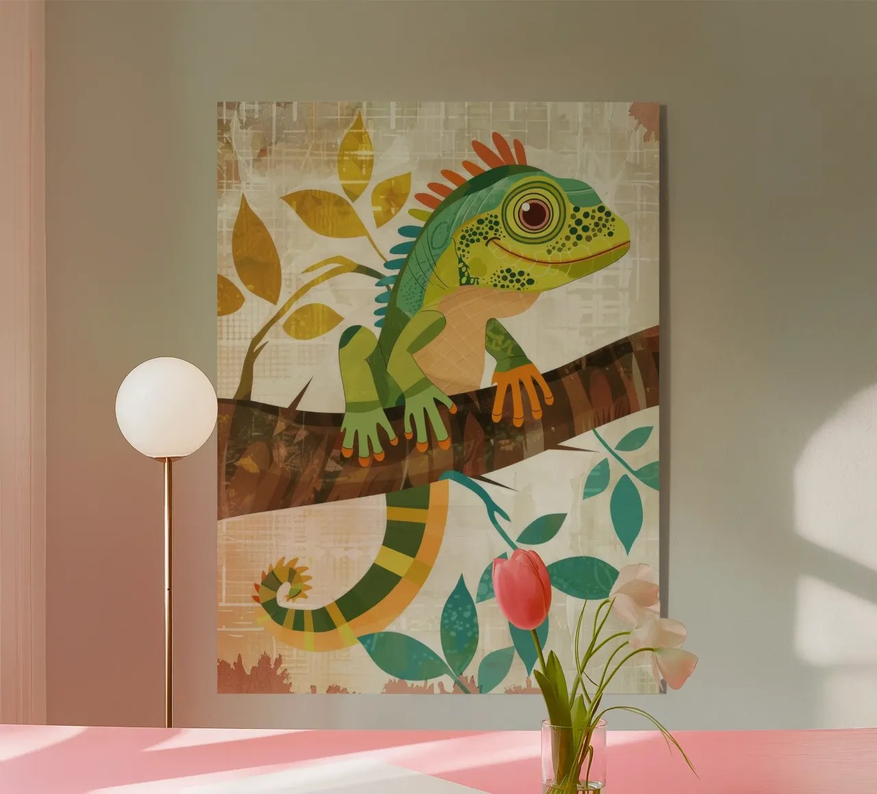 Lizard resting on a branch surrounded by leaves in a stylize acrylic glass by DesignDoodle