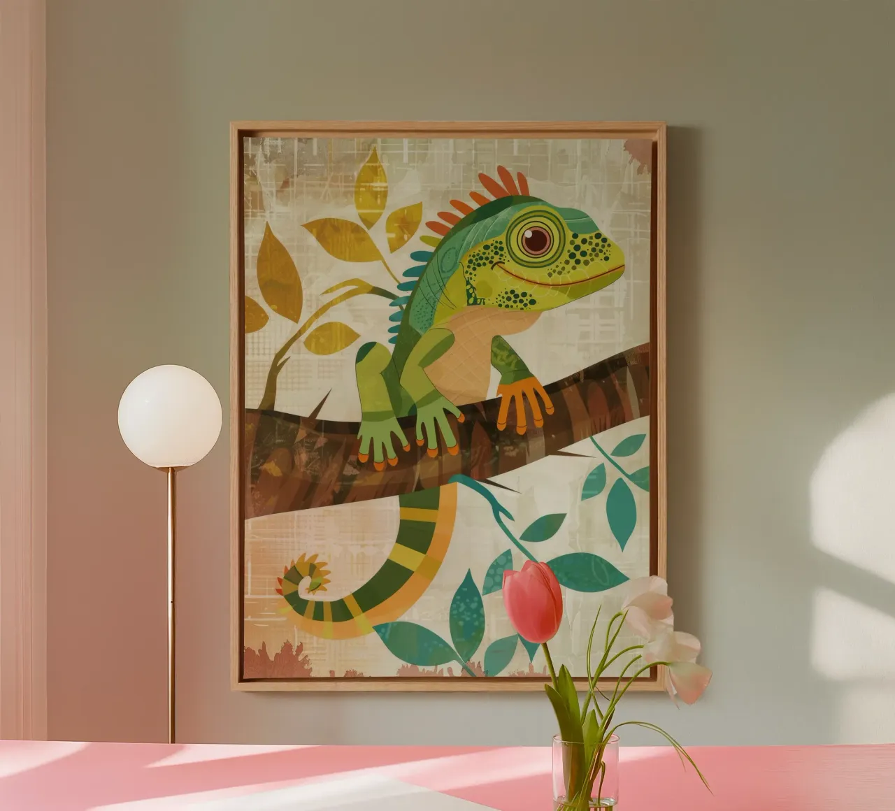 Lizard resting on a branch surrounded by leaves in a stylize canvas by DesignDoodle