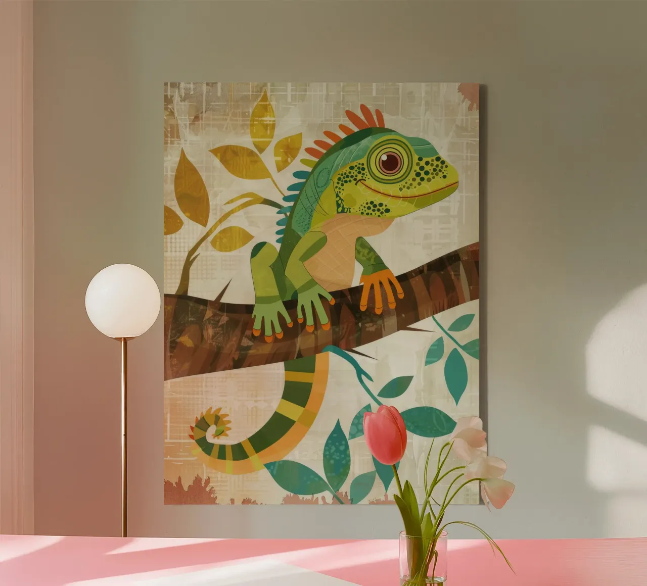Lizard resting on a branch surrounded by leaves in a stylize canvas by DesignDoodle