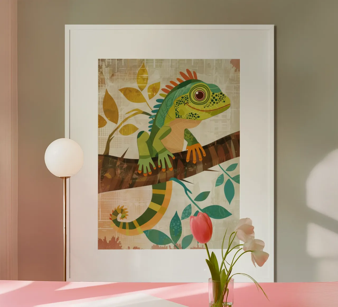 Lizard resting on a branch surrounded by leaves in a stylize hahnemühle by DesignDoodle
