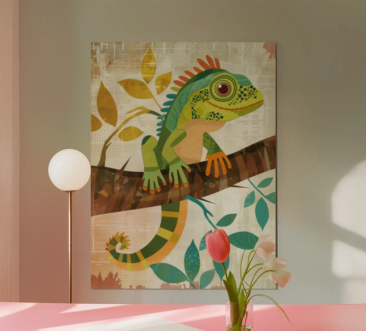 Lizard resting on a branch surrounded by leaves in a stylize hahnemühle by DesignDoodle