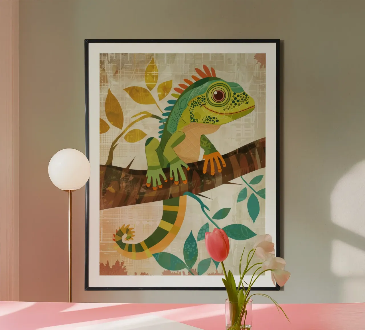 Lizard resting on a branch surrounded by leaves in a stylize hahnemühle by DesignDoodle