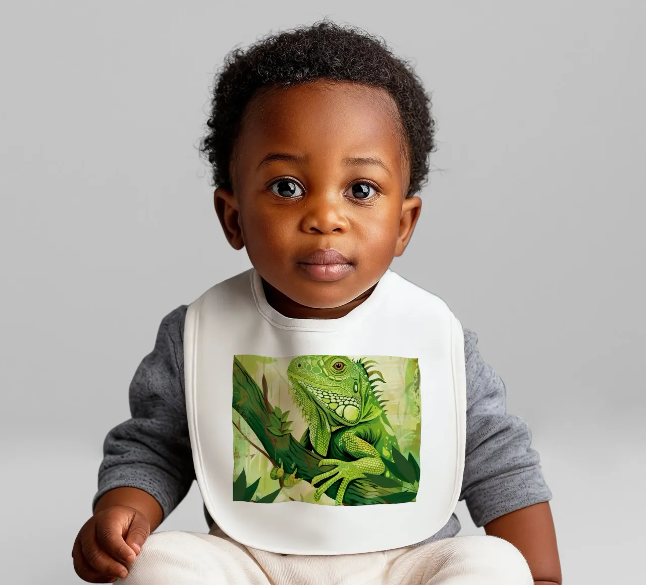 Green iguana resting on a branch surrounded by leaves baby bib by DesignDoodle