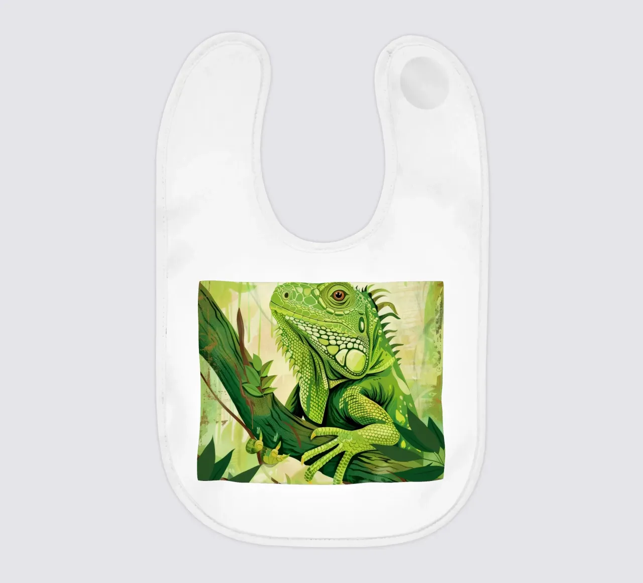Green iguana resting on a branch surrounded by leaves baby bib by DesignDoodle