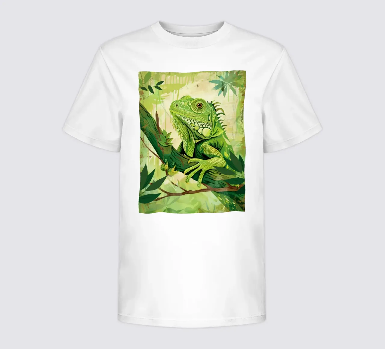 Green iguana resting on a branch surrounded by leaves kids t-shirt by DesignDoodle