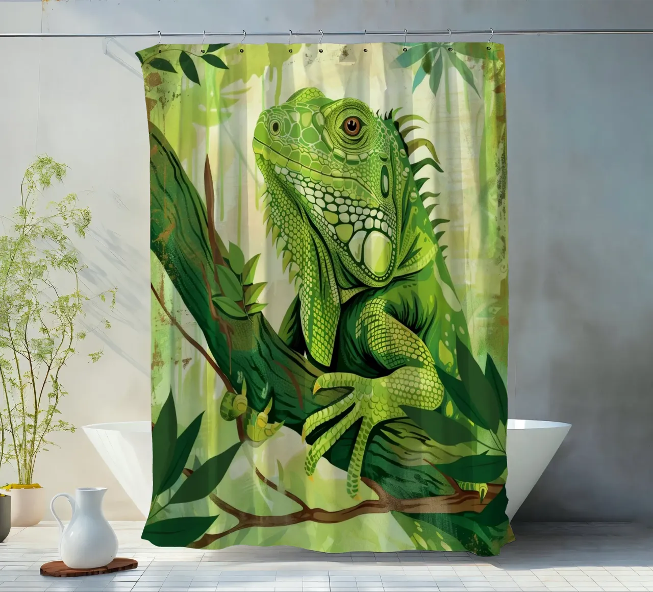 Green iguana resting on a branch surrounded by leaves shower curtain by DesignDoodle