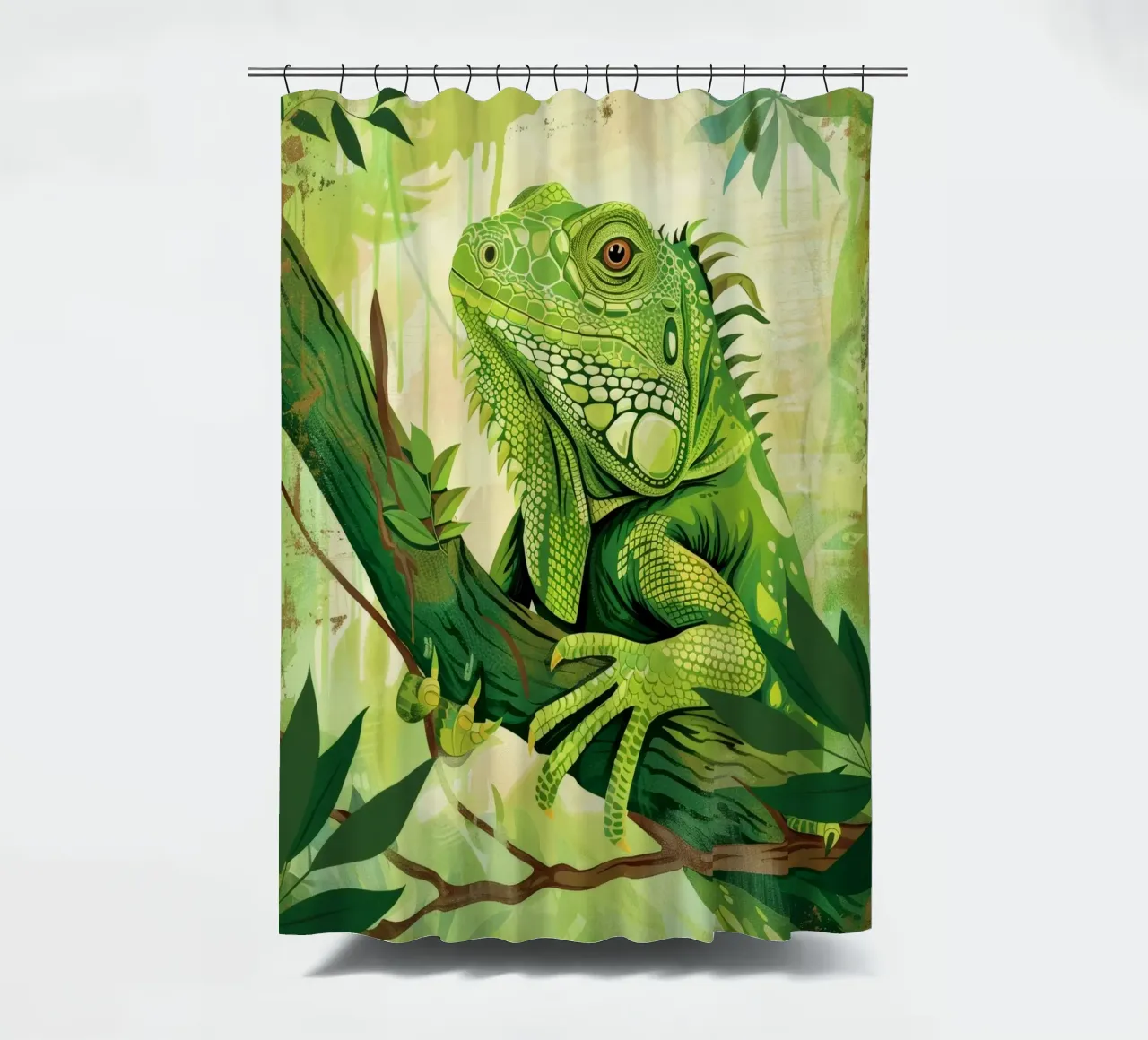 Green iguana resting on a branch surrounded by leaves shower curtain by DesignDoodle