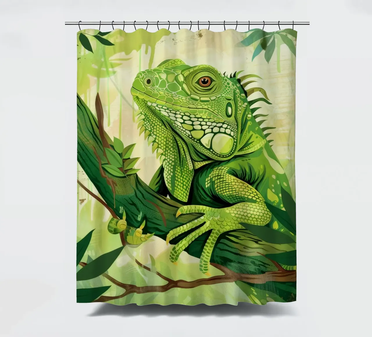 Green iguana resting on a branch surrounded by leaves shower curtain by DesignDoodle
