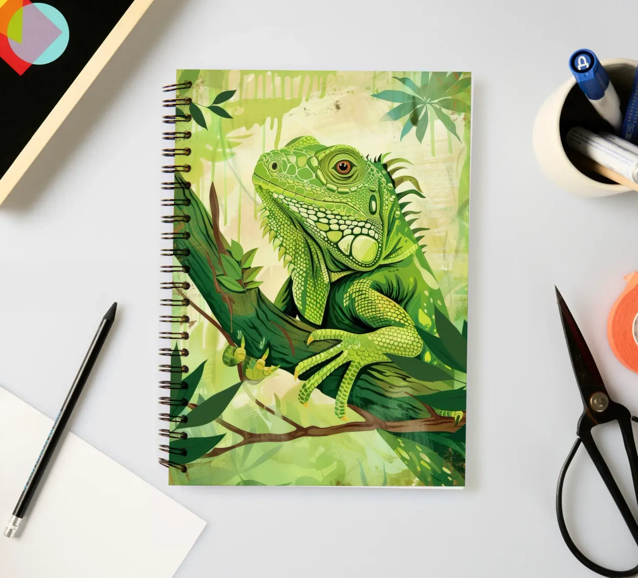 Green iguana resting on a branch surrounded by leaves spiral notebook by DesignDoodle