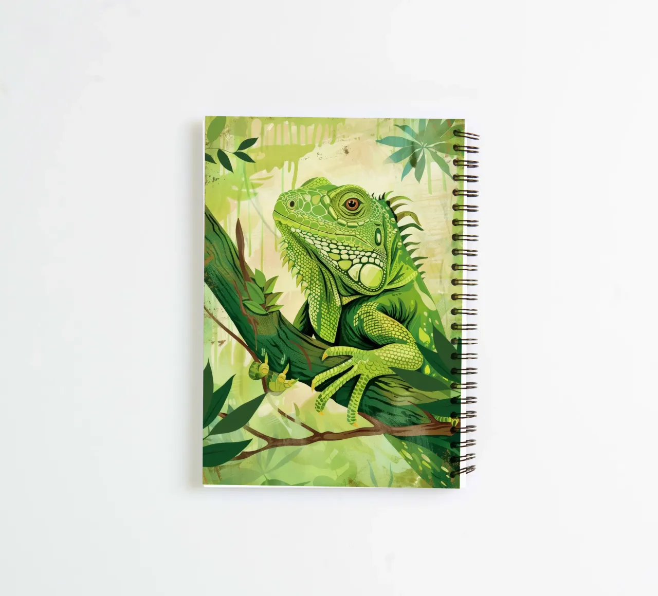 Green iguana resting on a branch surrounded by leaves spiral notebook by DesignDoodle