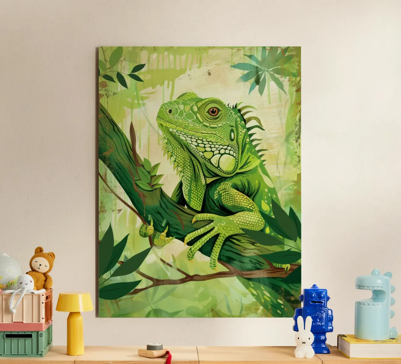 Green iguana resting on a branch surrounded by leaves alu-dibond by DesignDoodle