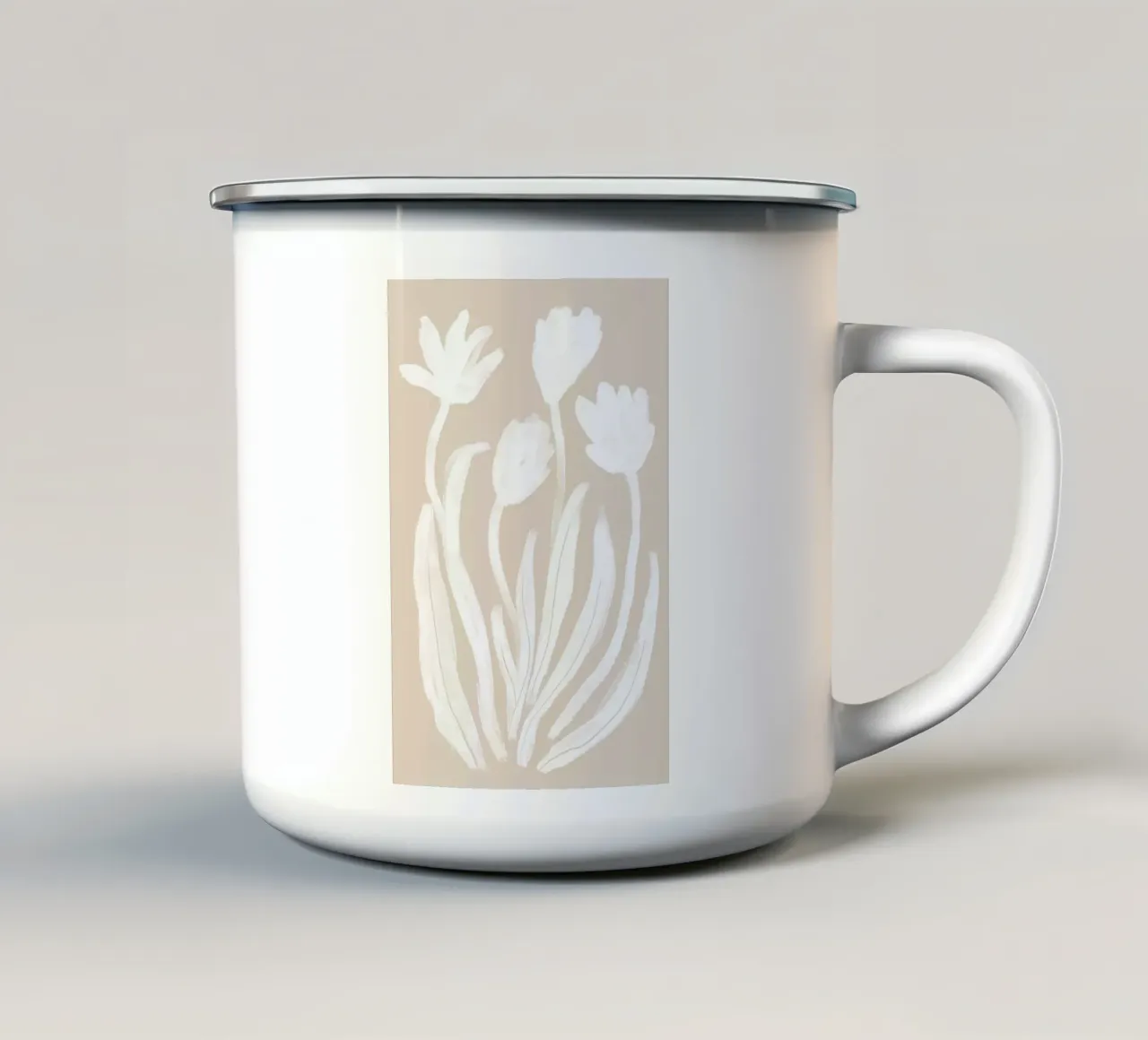 Arte floreale minimalista in bianco e beige tazza in smalto da Melloi Art Print
