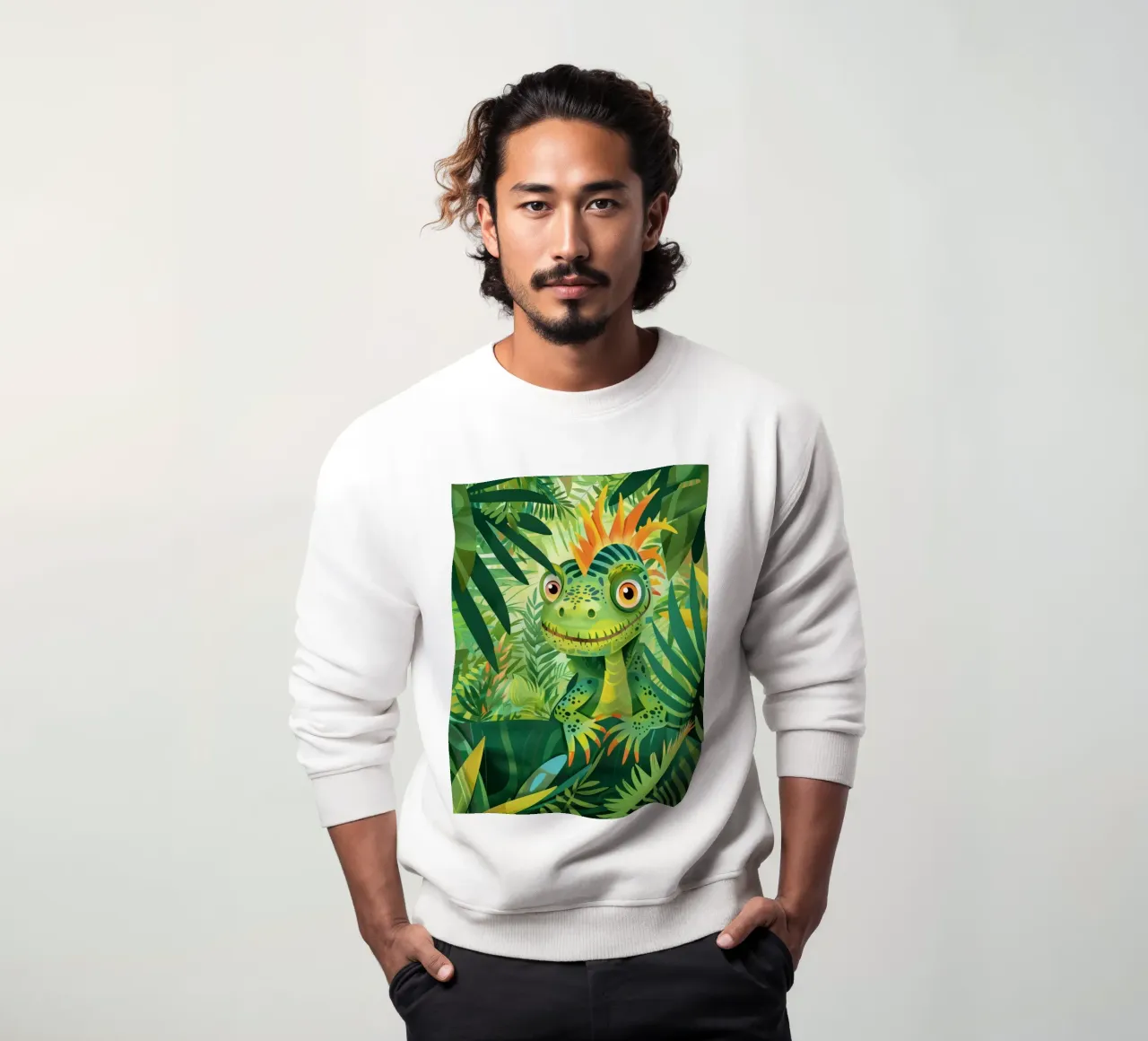 Lizard relaxing among lush tropical plants in vibrant jungle sweatshirt by DesignDoodle