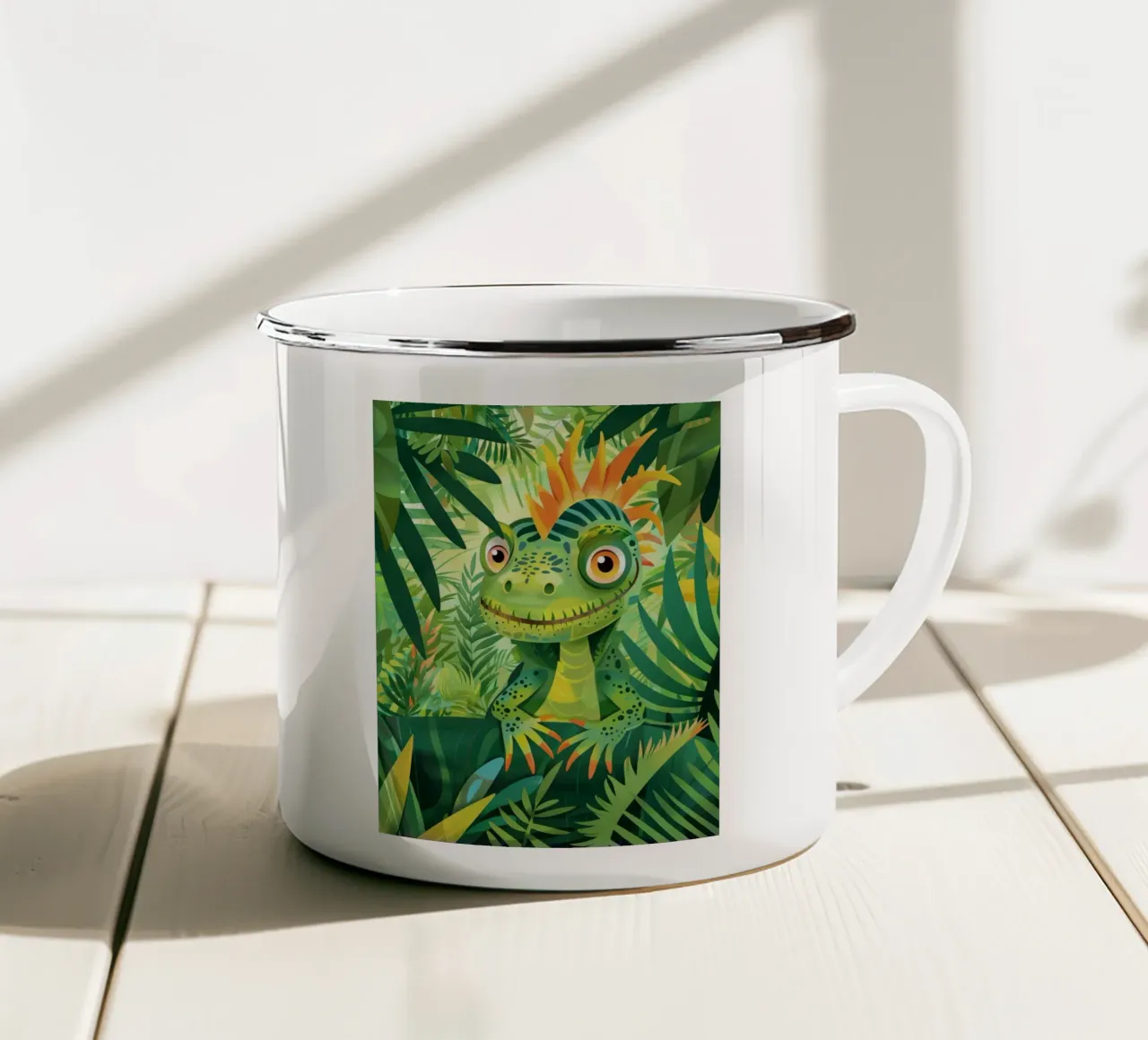 Lucertola che si rilassa tra le rigogliose piante tropicali di una giungla vibrante tazza in smalto da DesignDoodle