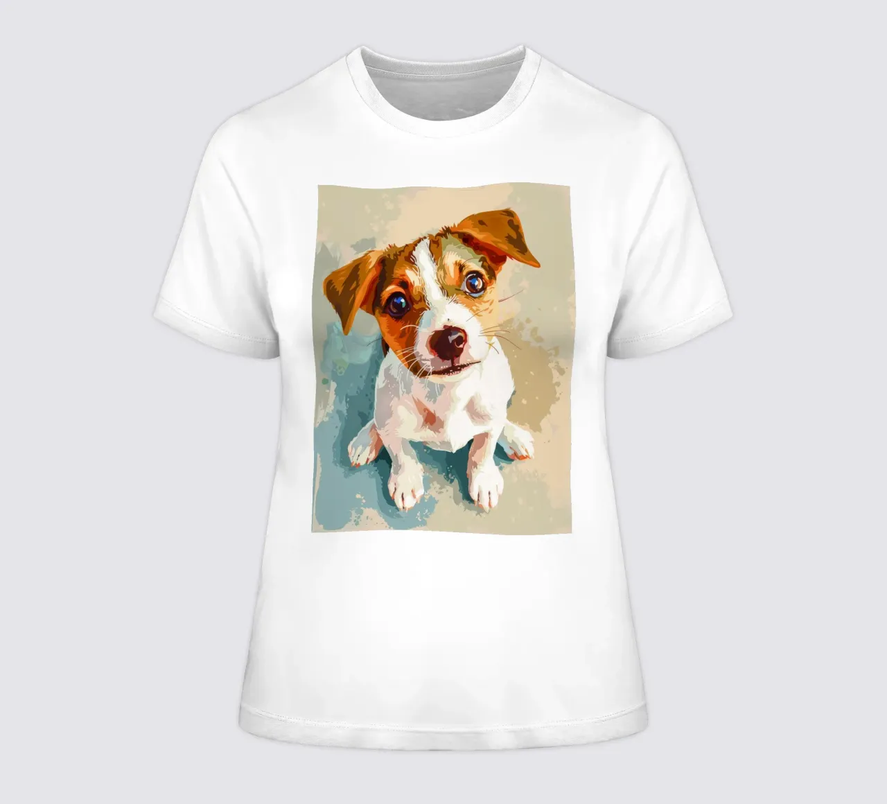 Cute puppy with expressive eyes sitting on light background women's fitted t-shirt by DesignDoodle