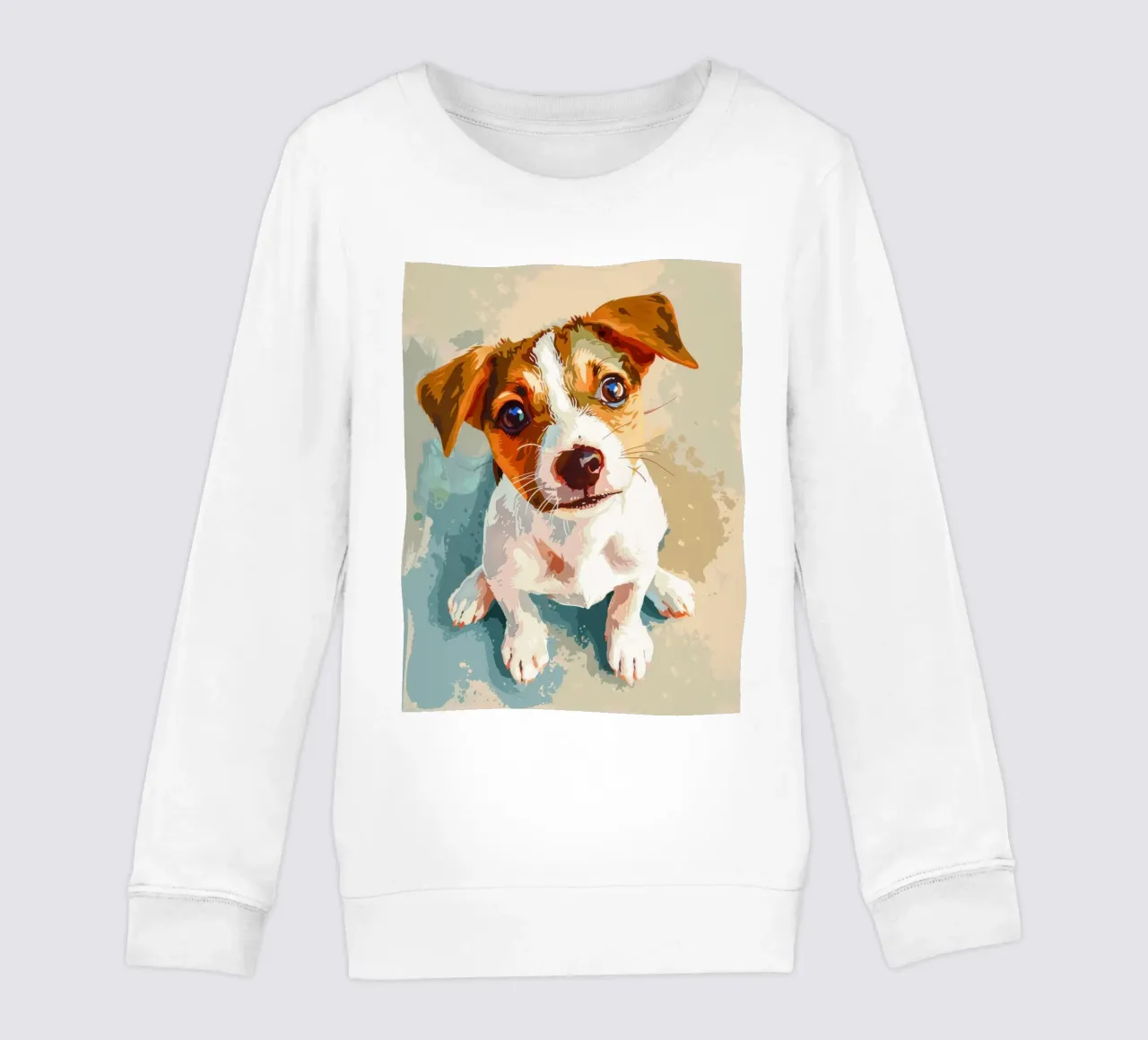 Cute puppy with expressive eyes sitting on light background kids sweatshirt by DesignDoodle
