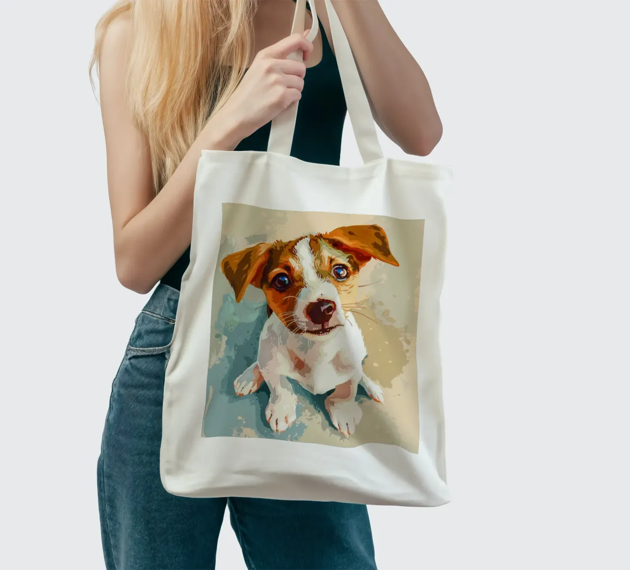 Cute puppy with expressive eyes sitting on light background tote bag by DesignDoodle
