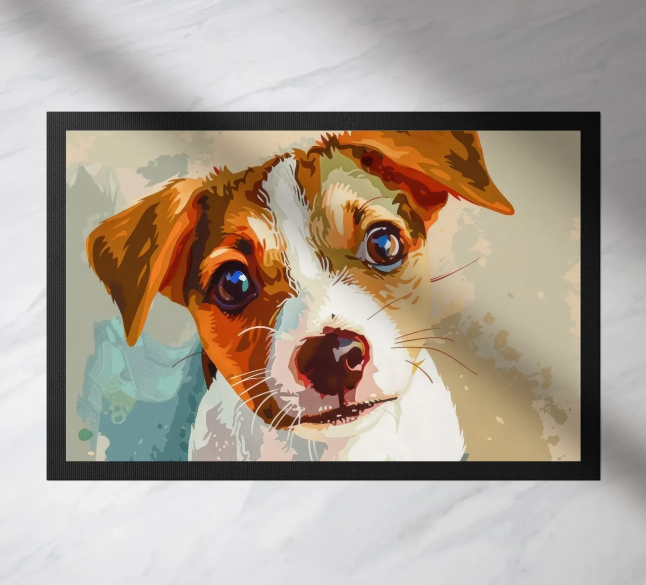 Cute puppy with expressive eyes sitting on light background doormat by DesignDoodle