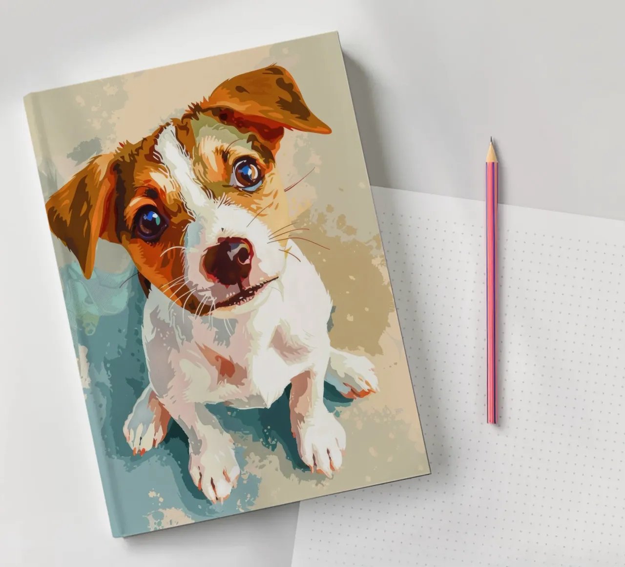 Cute puppy with expressive eyes sitting on light background notebook by DesignDoodle