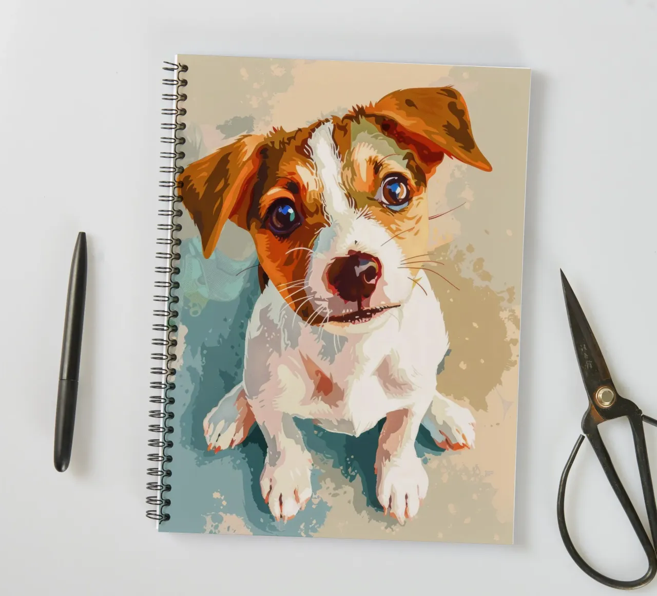 Cute puppy with expressive eyes sitting on light background spiral notebook by DesignDoodle