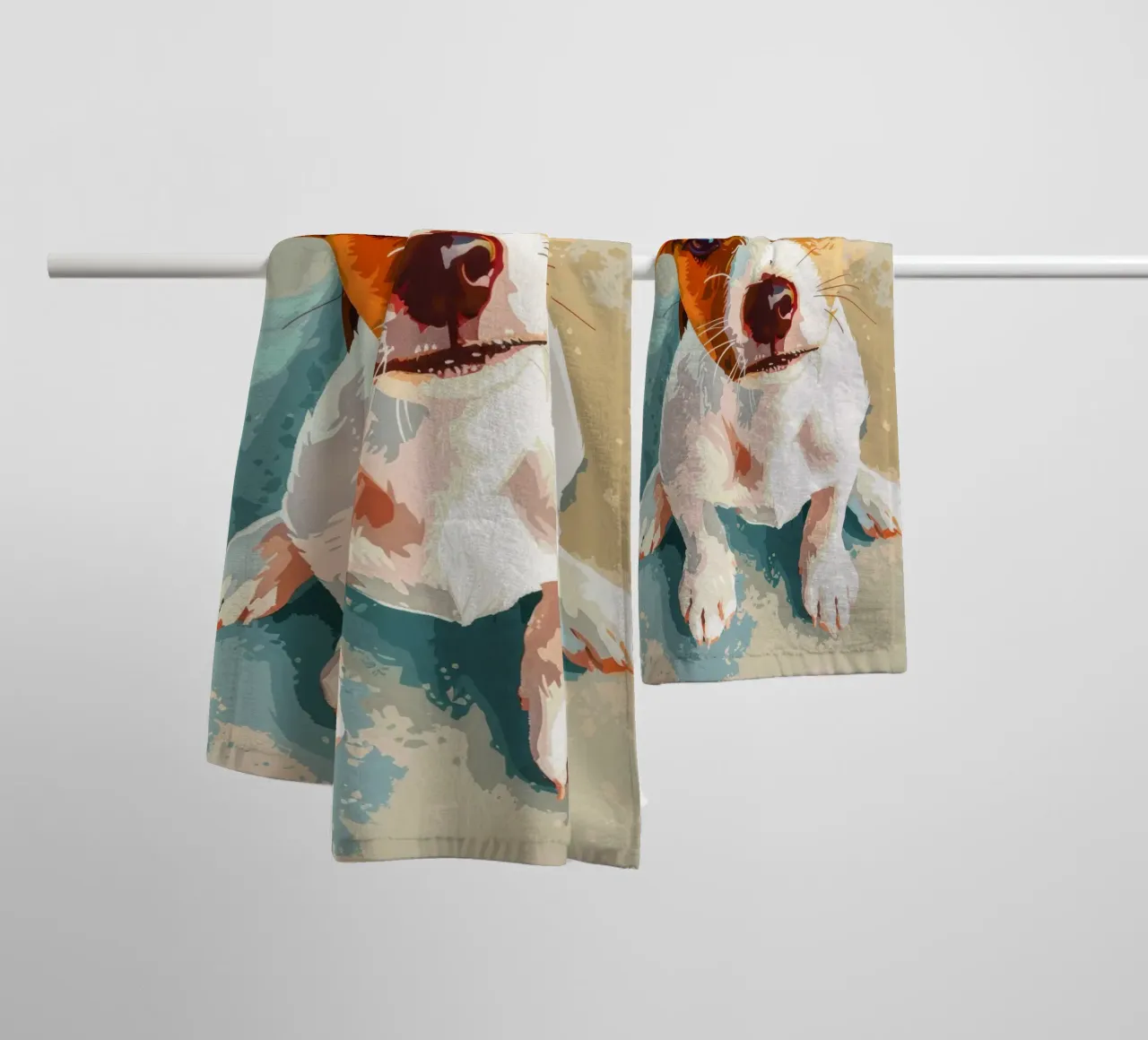 Cute puppy with expressive eyes sitting on light background towel by DesignDoodle