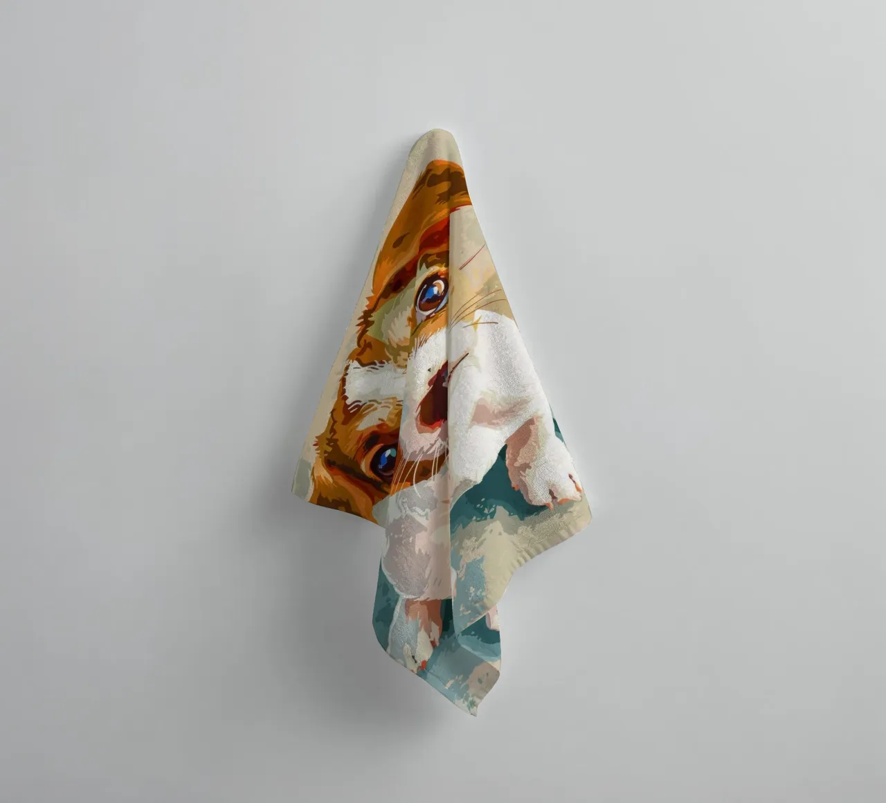 Cute puppy with expressive eyes sitting on light background towel by DesignDoodle