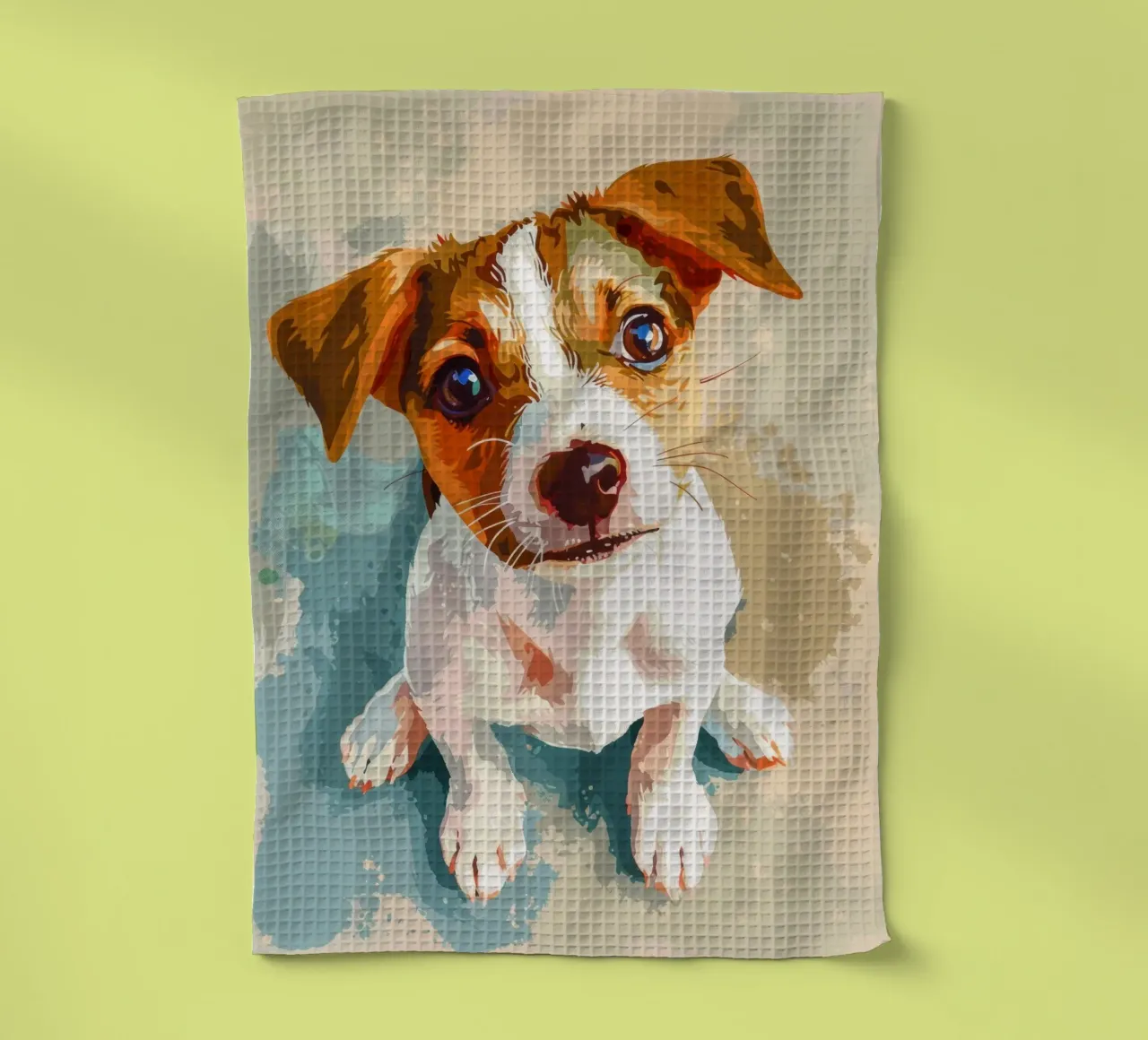 Chiot mignon aux yeux expressifs assis sur fond clair torchon de DesignDoodle