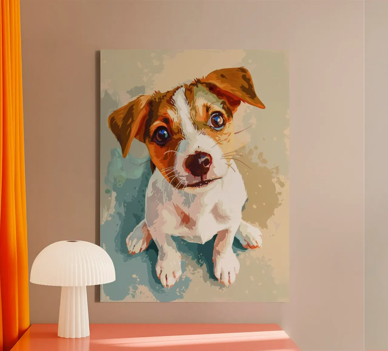 Cute puppy with expressive eyes sitting on light background canvas by DesignDoodle