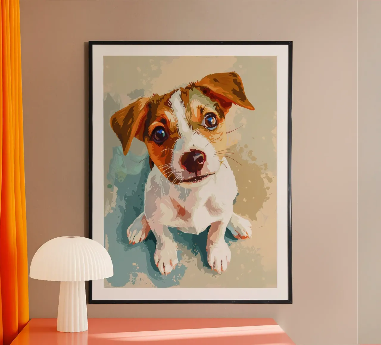 Schattige puppy met expressieve ogen zittend op lichte achtergrond hahnemühle van DesignDoodle
