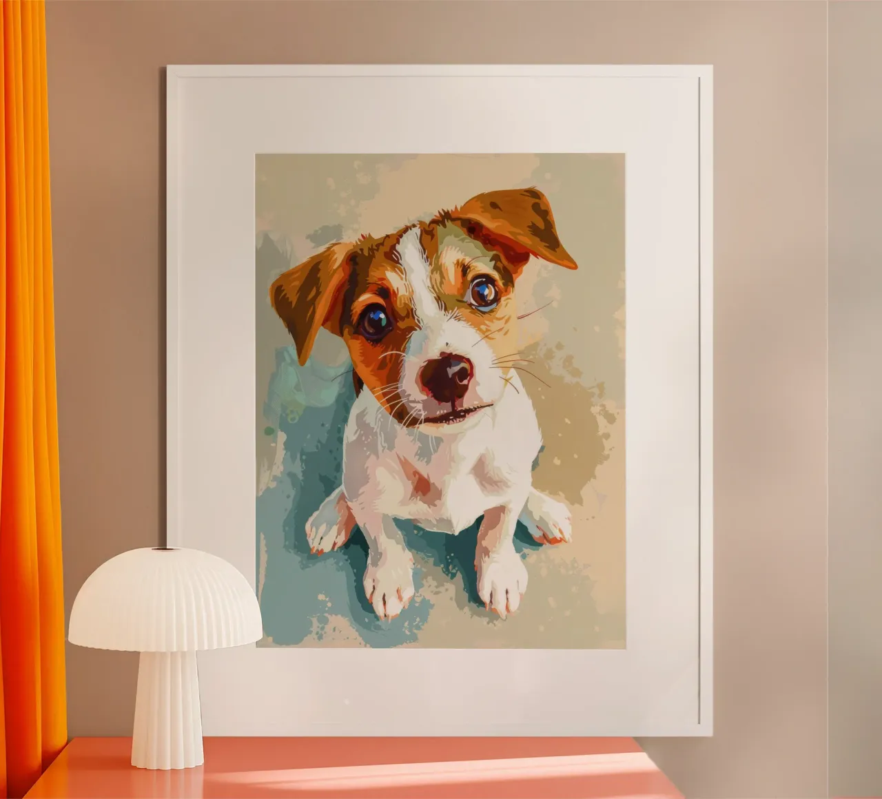 Schattige puppy met expressieve ogen zittend op lichte achtergrond hahnemühle van DesignDoodle