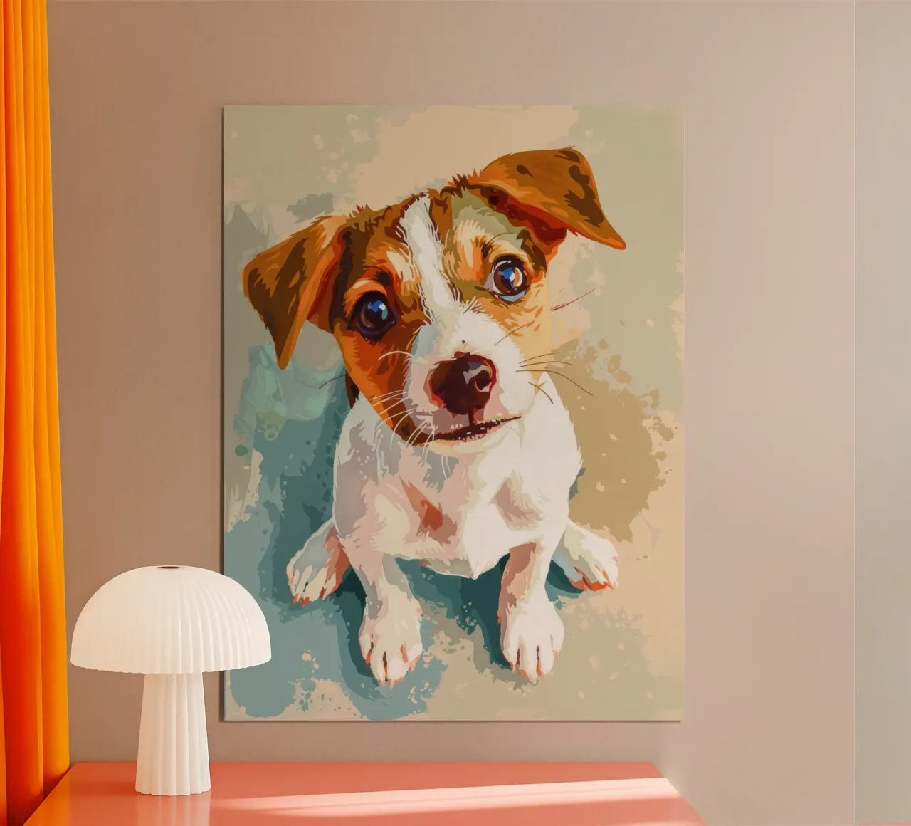 Schattige puppy met expressieve ogen zittend op lichte achtergrond hahnemühle van DesignDoodle