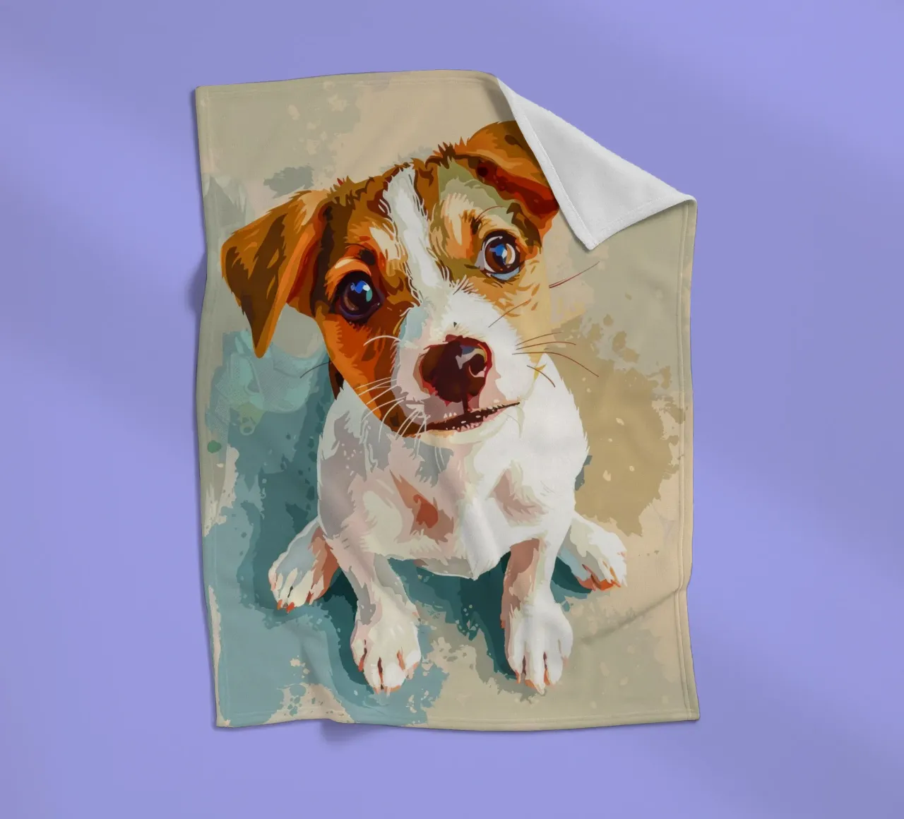 Cute puppy with expressive eyes sitting on light background fleece blanket by DesignDoodle