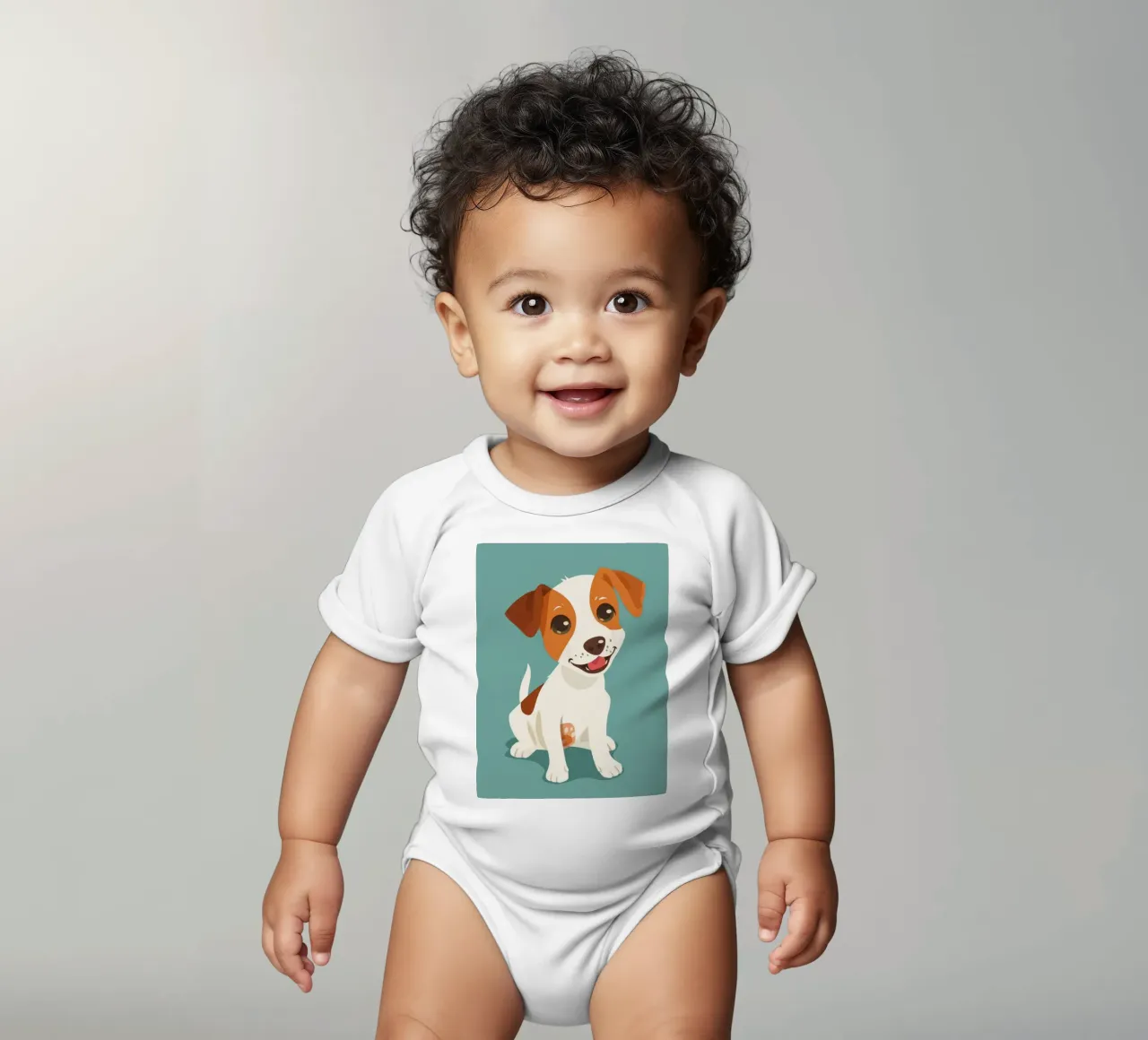 Cucciolo felice seduto e con gli occhi lucidi che guardano in modo giocoso body neonato maniche corte da DesignDoodle