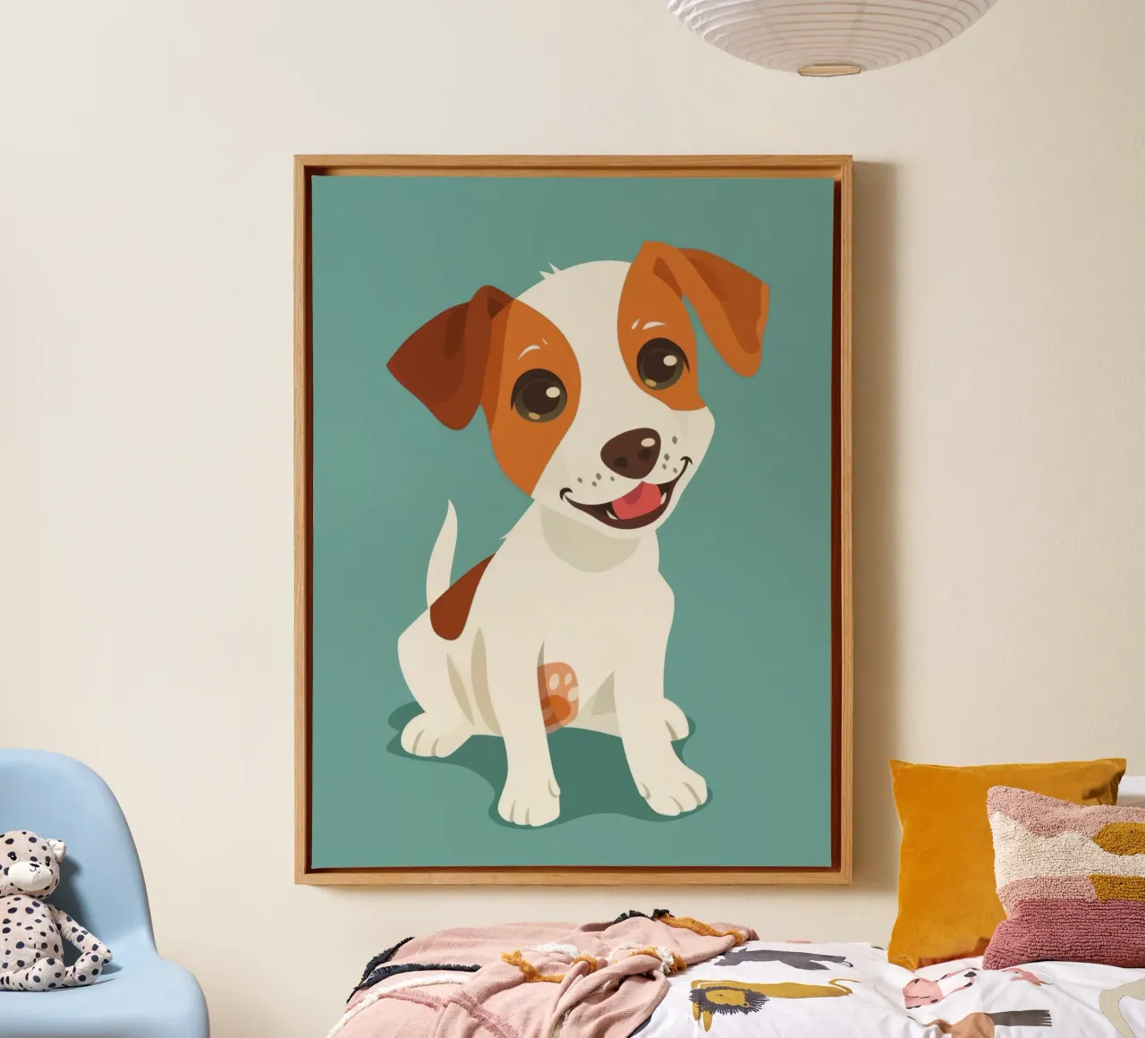 Cucciolo felice seduto e con gli occhi lucidi che guardano in modo giocoso tela con Cornice a cassetta da DesignDoodle