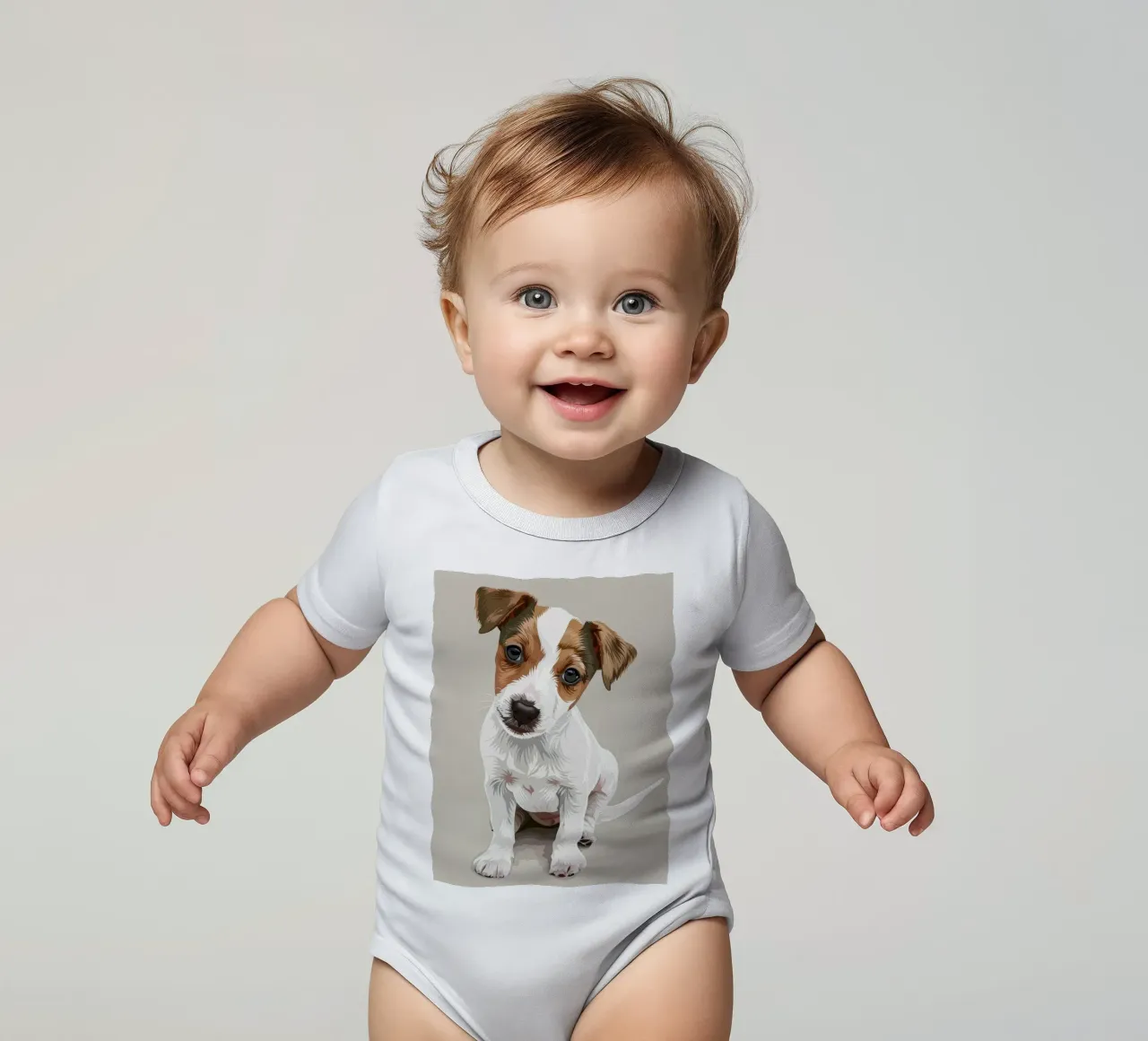Simpatico cucciolo in posizione seduta con un'espressione curiosa body neonato maniche corte da DesignDoodle