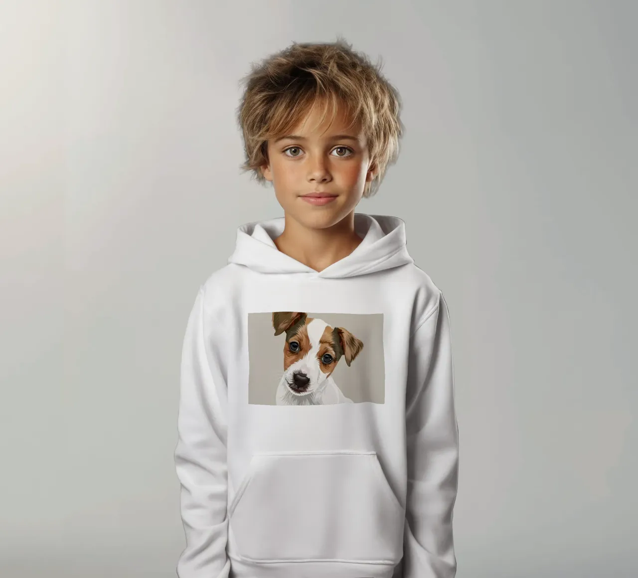 Simpatico cucciolo in posizione seduta con un'espressione curiosa felpa bambino con cappuccio da DesignDoodle