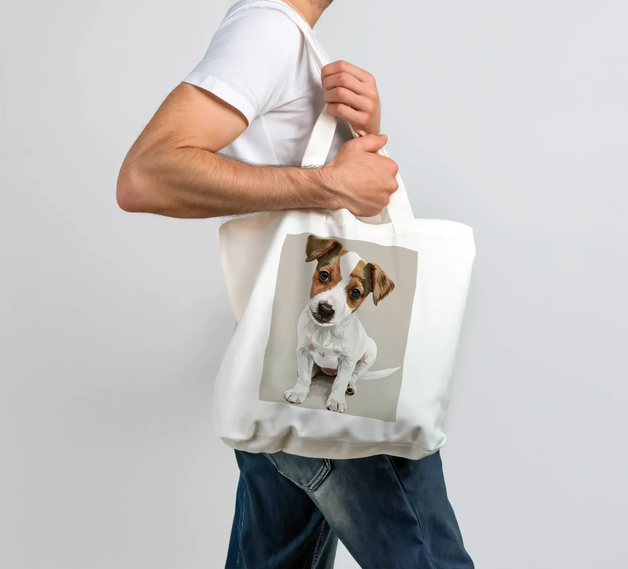 Simpatico cucciolo in posizione seduta con un'espressione curiosa borsa in juta da DesignDoodle
