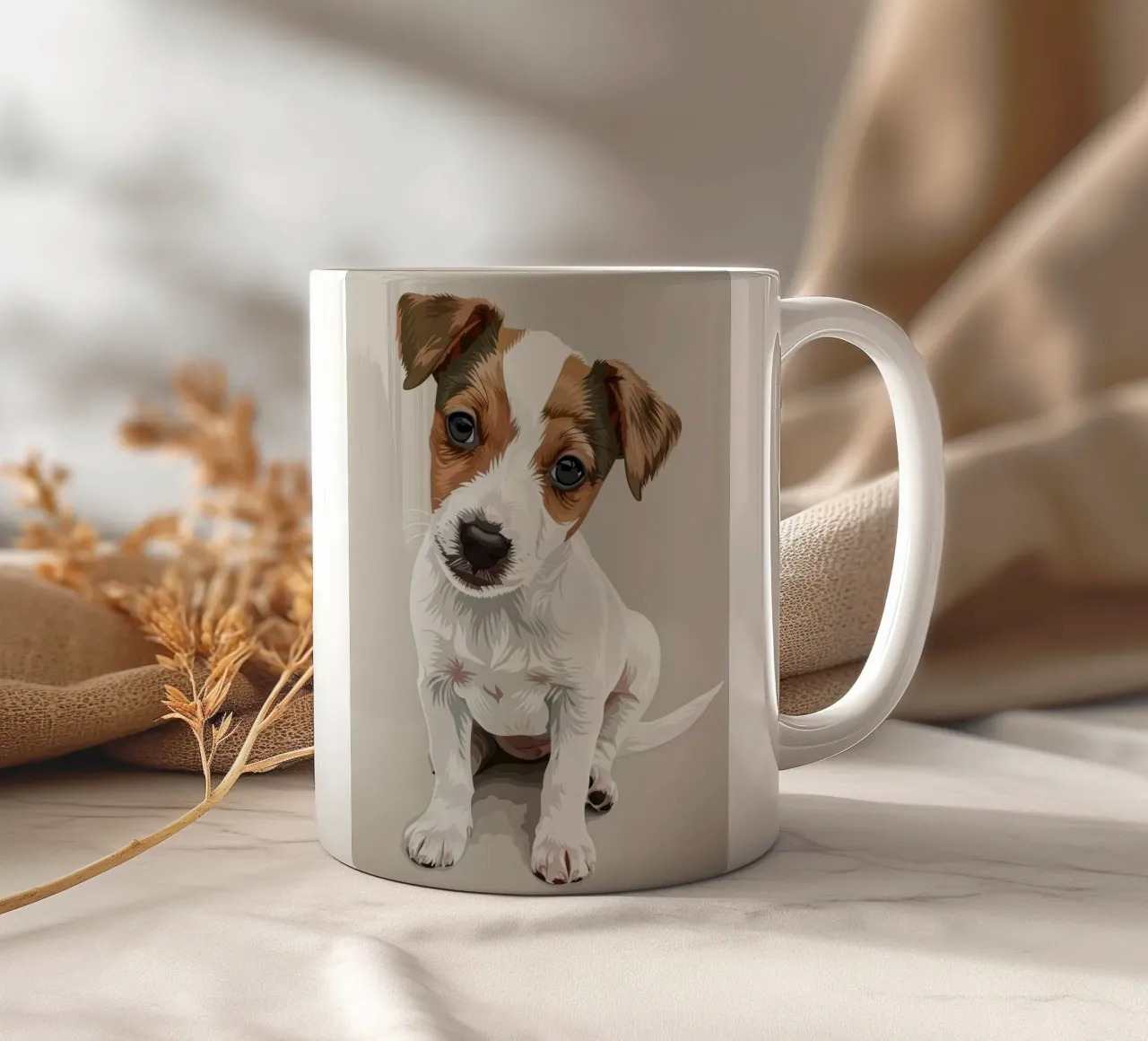 Simpatico cucciolo in posizione seduta con un'espressione curiosa tazza in ceramica da DesignDoodle