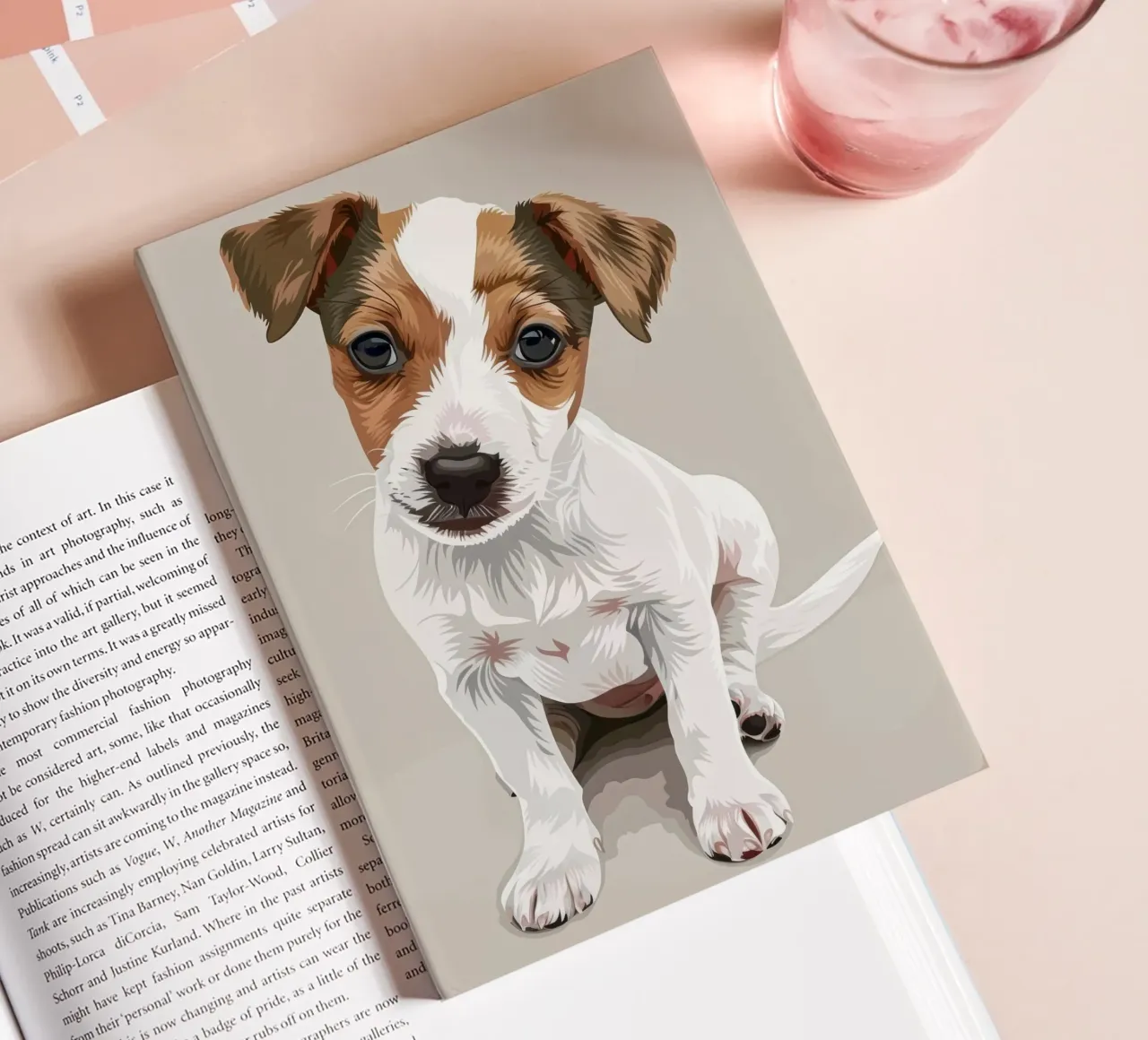 Cute puppy in a seated position with a curious expression notebook by DesignDoodle