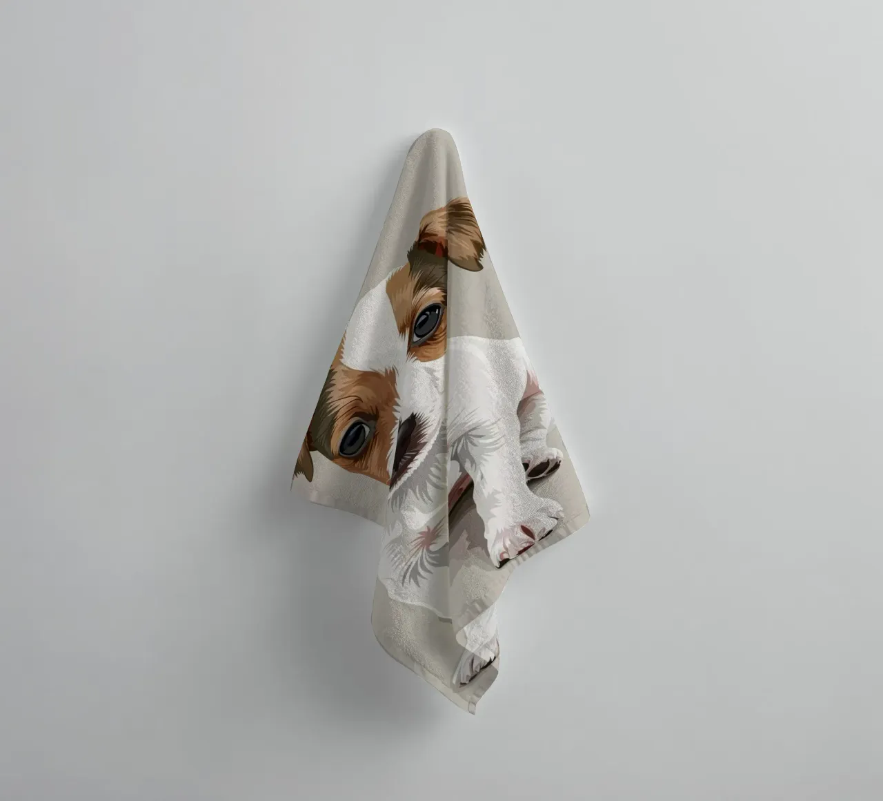 Cute puppy in a seated position with a curious expression towel by DesignDoodle