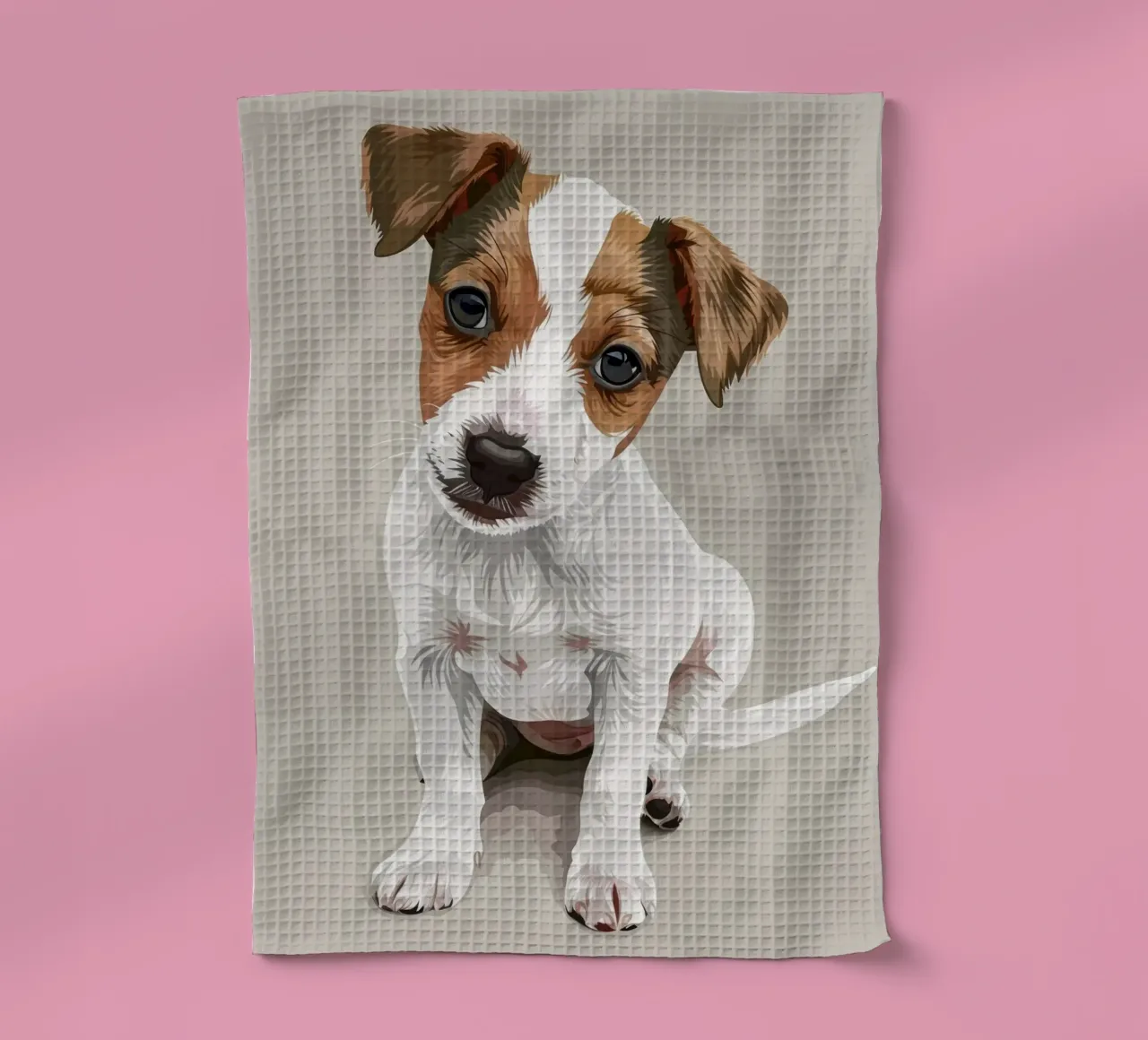 Simpatico cucciolo in posizione seduta con un'espressione curiosa canovaccio da cucina da DesignDoodle