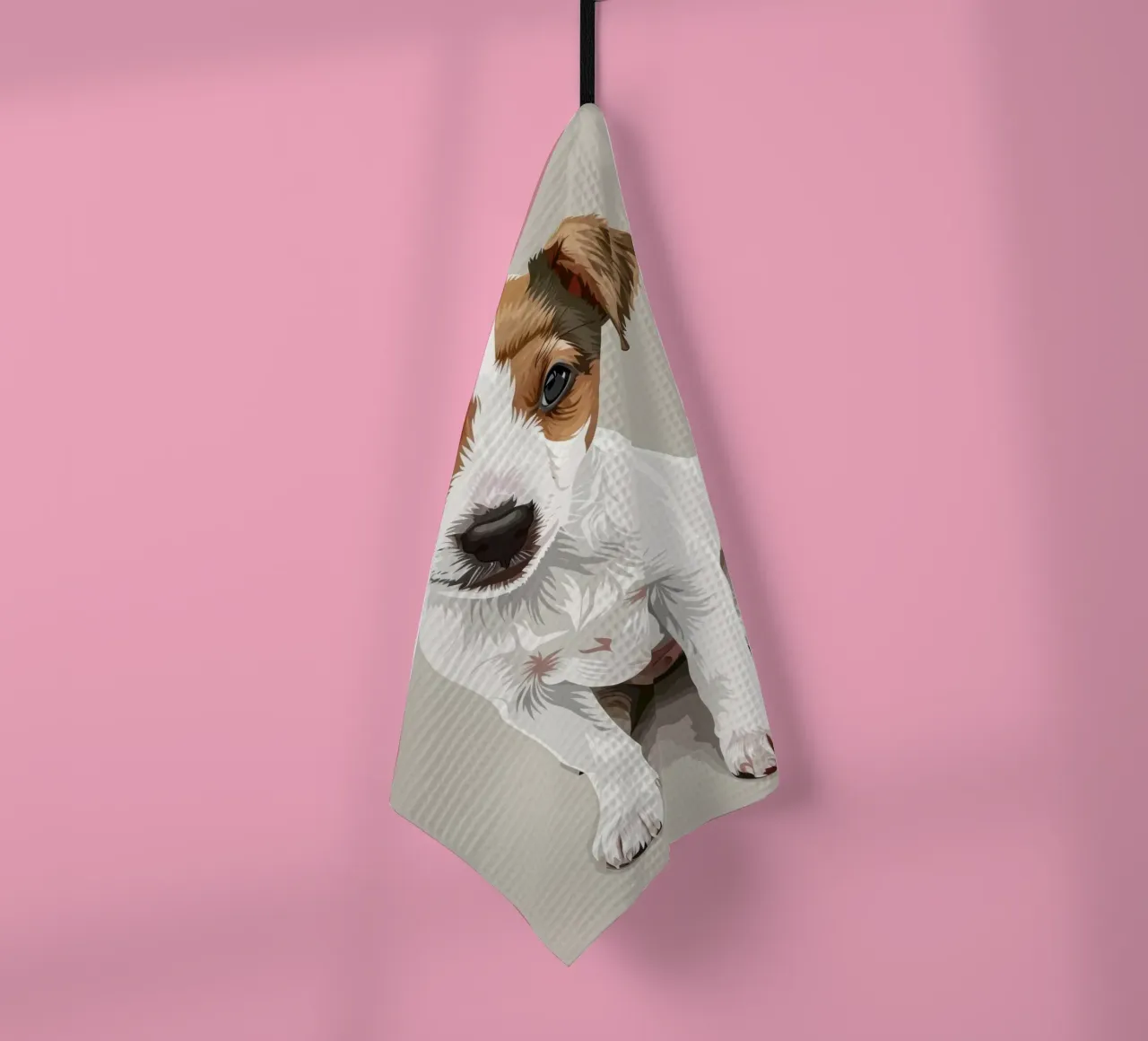 Simpatico cucciolo in posizione seduta con un'espressione curiosa canovaccio da cucina da DesignDoodle