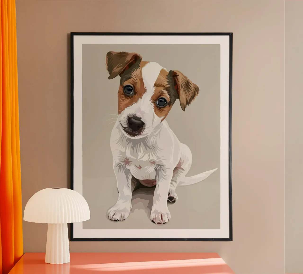 Mignon chiot en position assise avec une expression curieuse poster avec cadre en bois de DesignDoodle