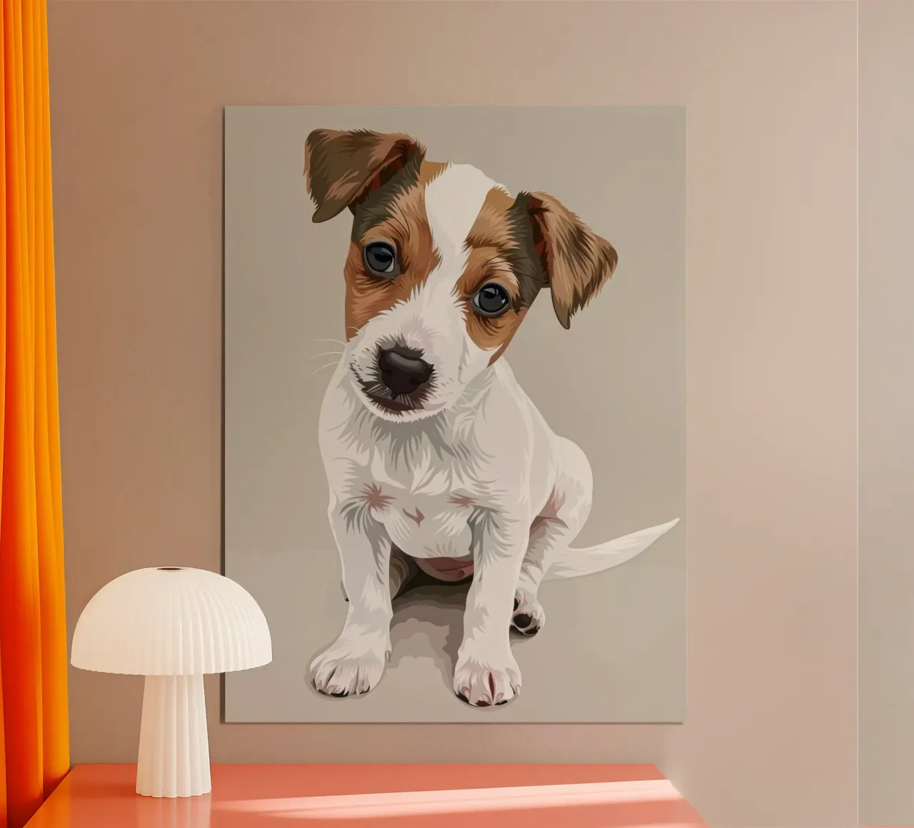 Mignon chiot en position assise avec une expression curieuse poster avec cadre en bois de DesignDoodle