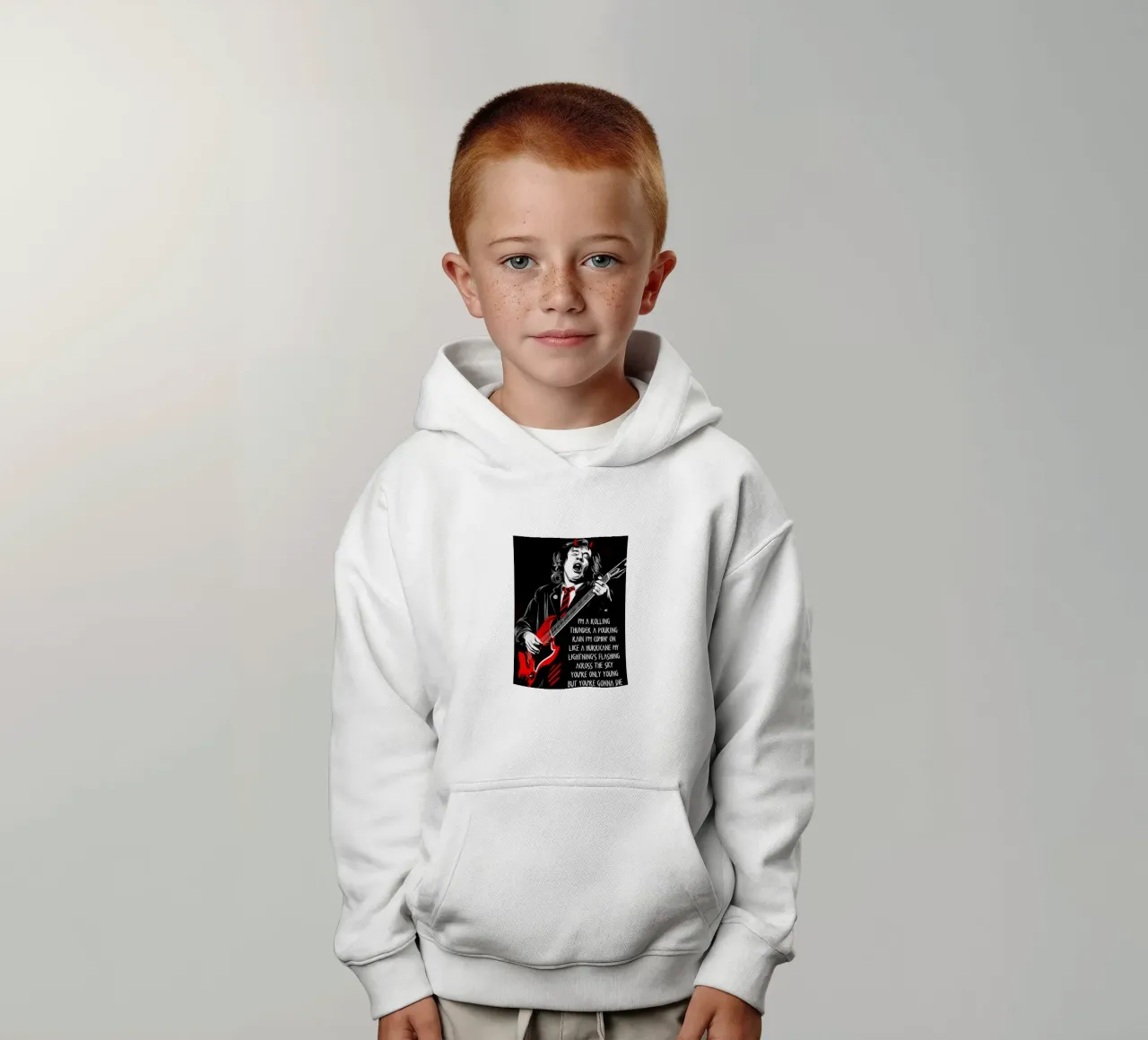 angus young Ac/Dc I'M A Rolling Thunder Art felpa bambino con cappuccio da music soul