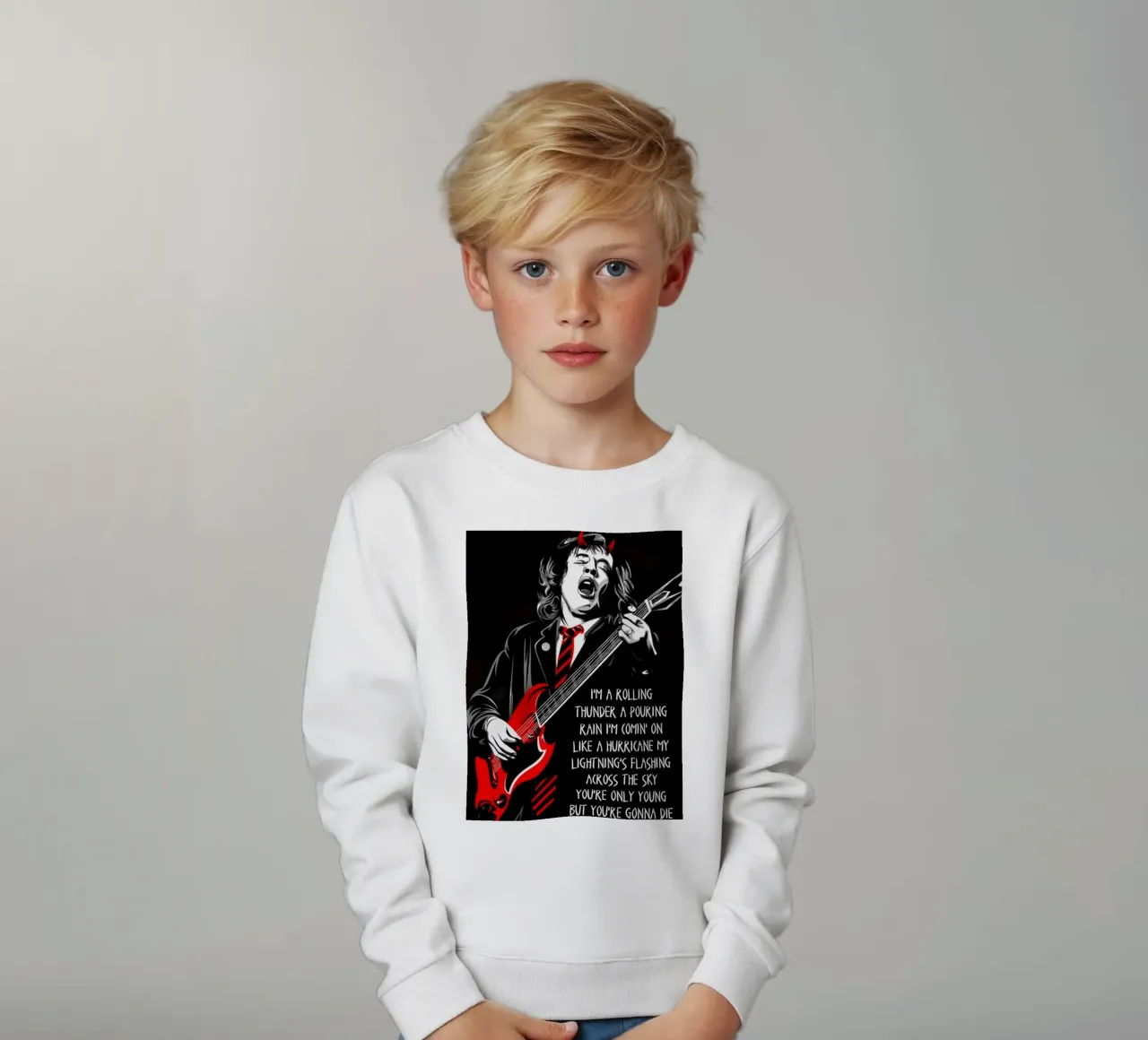 angus young Ac/Dc I'M A Rolling Thunder Art felpa bambino da music soul