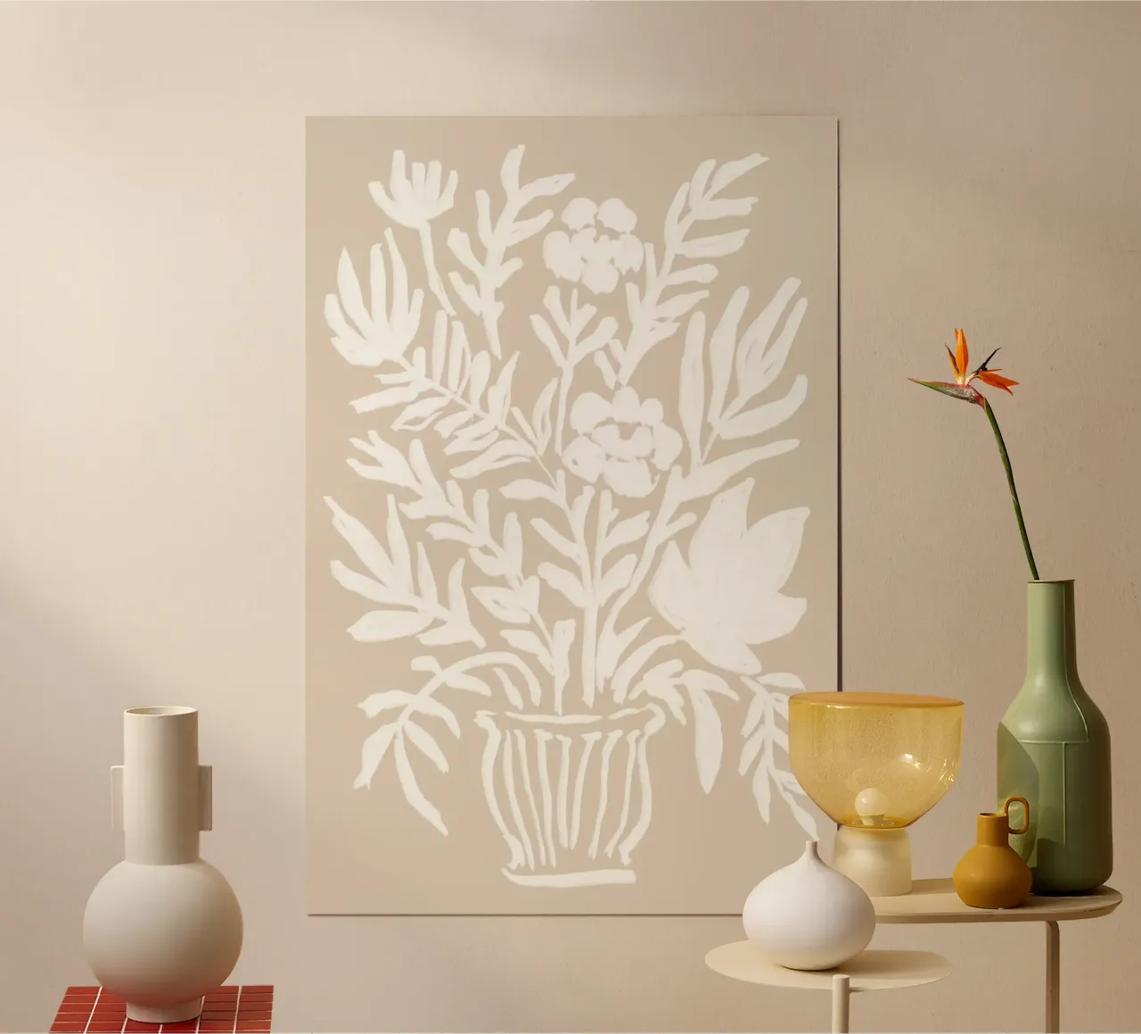 Abstracte beige en witte bloemenvaas kunst poster met aluminium frame van Melloi Art Print