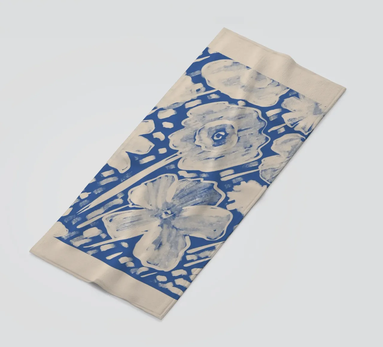 Abstract Blue and Beige Floral Painting beach towel by Melloi Art Print
