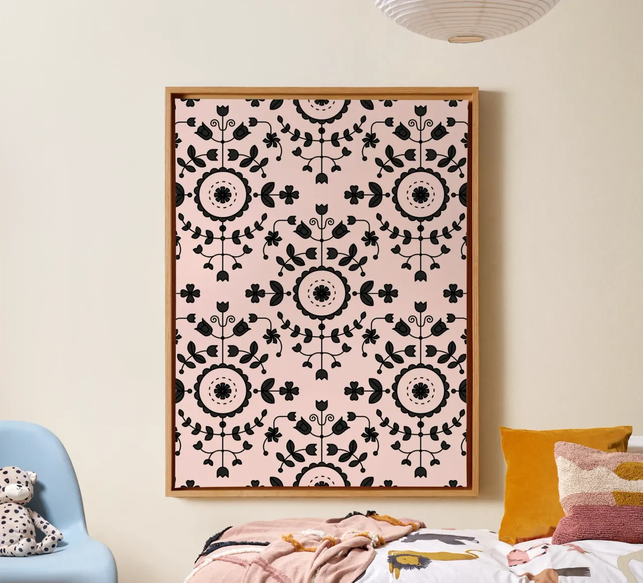 Boho Bloemen Blos Zwart canvas met Baklijst van SilverPegasus